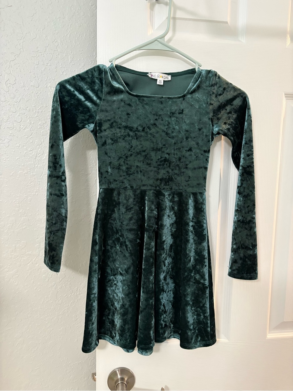 Love Glam Girl XS Trekking Green Crushed Velvet Long Sleeve Skater Dress